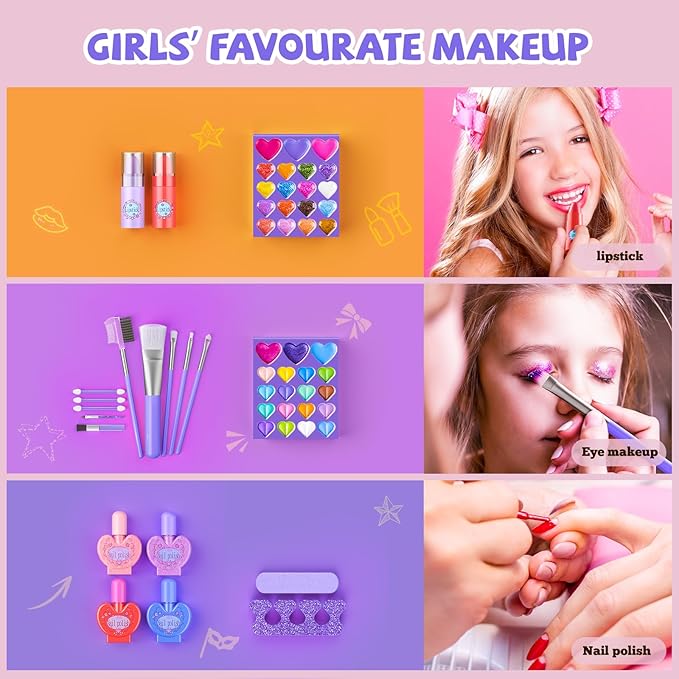 Kids Makeup Sets for Girls, 66pcs Real Cosmetic for Kids Toys with Mirror, Princess Washable Girls Makeup Kit, Non-Toxic & Safe Brithday Gifts for 3 4 5 6 7 8 10 - 12 Years Old（Purple White）