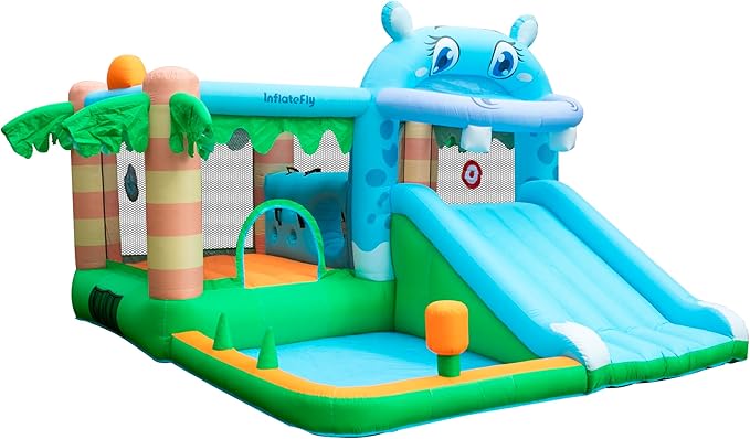 Inflatable Bounce House for Kids, Playhouse Castle with Blower Slides Ball Pit Pool Basketball Hoop and Toss Game for Kids Wet and Dry