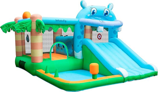 Inflatable Bounce House for Kids, Playhouse Castle with Blower Slides Ball Pit Pool Basketball Hoop and Toss Game for Kids Wet and Dry