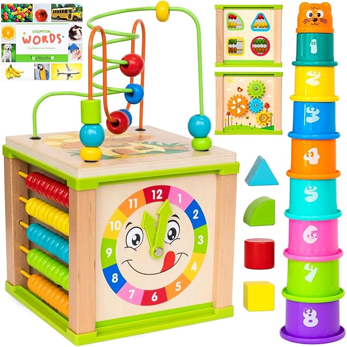 Wooden Kids Baby Activity Cube - Boys Gift Set | One 1, 2 Year Old Boy Gifts Toys | Developmental Toddler Educational Learning Boy Toys 12-18 Months | Bead Maze, First Birthday Gift