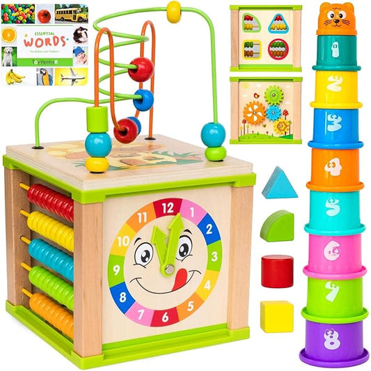 Toyventive Wooden Kids Baby Activity Cube - Girls Gift Set | 1st Birthday Gifts Toys for 1 One, 2 Year Old Girl | Developmental Toddler Educational Learning Girl Toys 12-18 Months | Bead Maze