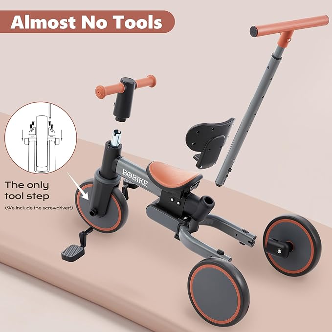 5-in-1 Tricycle for Toddlers 18 Months to 5 Years Old, Toddler Bike, Kids Tricycle with Push Handle and Backrest, Toddler Balance Bike with Easy Assembly for Boys and Girls. (Grey)