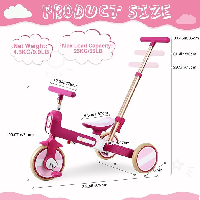 WEEROCK 6 in 1 Toddler Tricycle Fold Up Kid Tricycles with/Without Parent Steering Push Handle Boys Girls Balance Bike for 1-6 Years Old Toy Gift, Purple