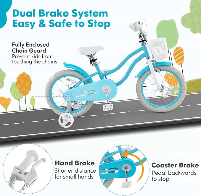 COSTWAY Kids Bike, 12 14 16 18 Inch Toddler Bike Children Bicycle w/Training Wheels, Hand & Coaster Brakes, Adjustable Saddle & Handlebar, Basket, Bell, Kids Bicycle for Girls Boys Aged 3-8 Years Old