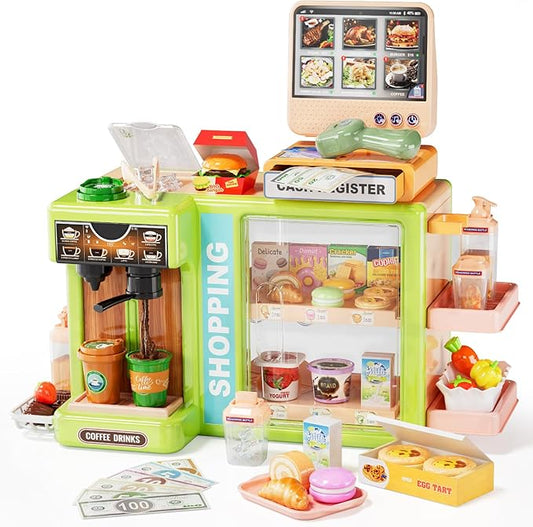 Kids Grocery Store Playset, Pretend Play Store with Kids Cash Register Scanner, Play Coffee Maker, Toy Foods,Play Money, Luxury Supermarket Toy Set, Preschool Toys for Kids Toddlers Gifts