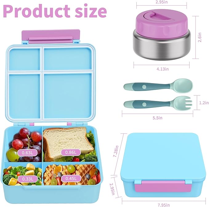 Bento Box for Kids with Thermo Food Container (9oz), 4-Compartment Lunch Box, Adjustable Divider, Leakproof Bento Lunch Box, Includes Utensils & Carry Bag for School, Office(Light Blue)