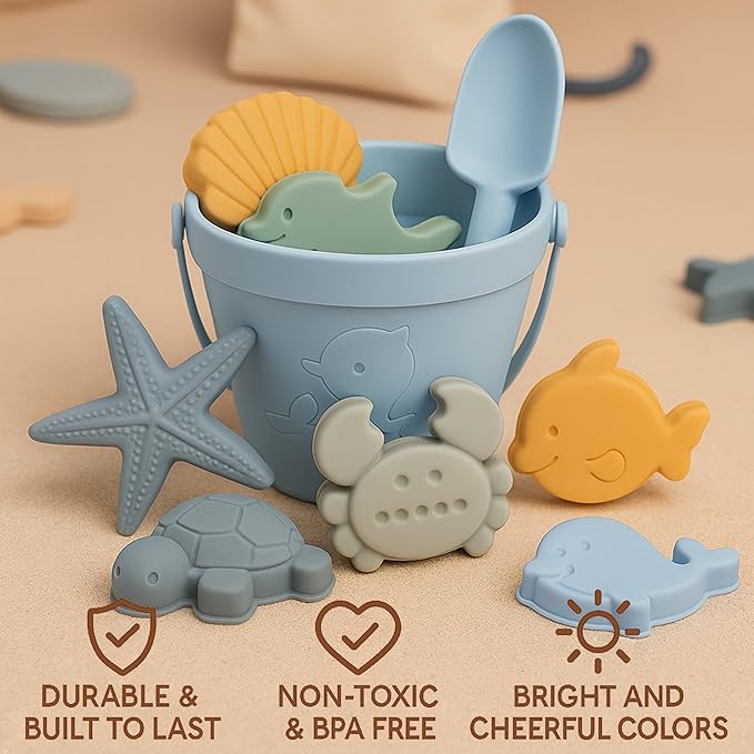 Baby Beach Toys for Toddlers 1-3, Collapsible Silicone Beach Bucket Shovel Set with 6 Sand Molds, Toddler Sand Toys for Kids, Boys, Girls, Travel (Blue)
