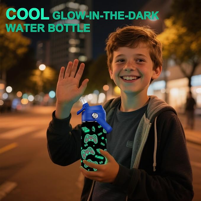 14oz Kids Insulated Water Bottle with Straw Lid - 18/8 Stainless Steel Kid Cup Travel Tumbler Double Wall Vacuum Leak Proof Portable Toddler Water Bottle (Game Blue+Red）