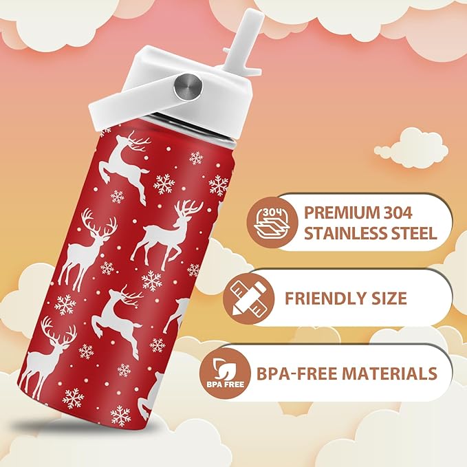 Christmas 16 oz Water Bottle with Straw Lid, Stainless Steel Insulated Tumbler, Deer Water Bottles, Reindeer Cup Gifts for Christmas Birthday (1pcs)