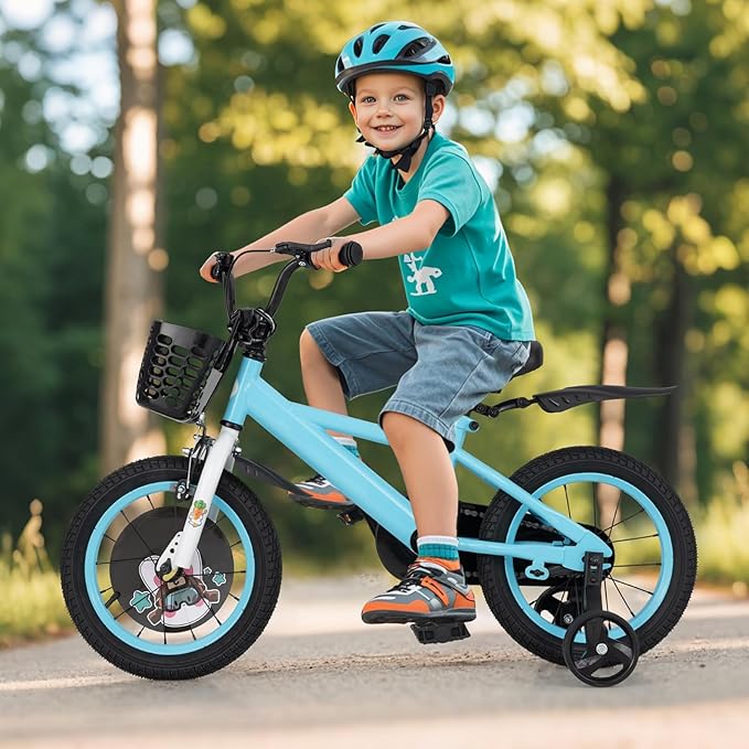 BABY JOY Rabbit Pilot Sporty Kids Bike, 12 14 16 18 Inch Child Bike for 3-8 Years Old with Adjustable Height, Training Wheels, Storage Basket, Handbrake & Coaster Brake, Kids Bicycle for Girls Boys