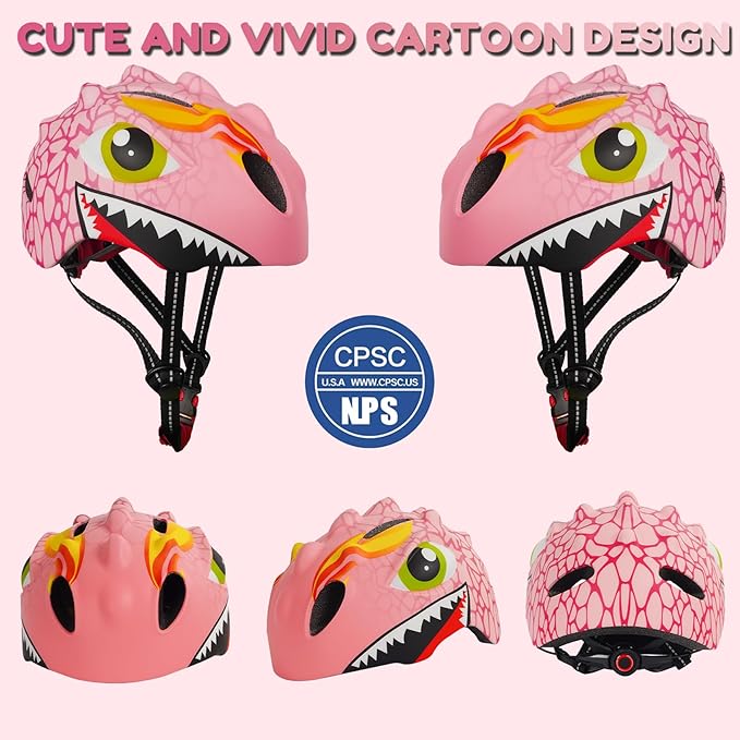 Toddler Helmet Kids Bike Helmet for 2 3 4 5 6 7 8 Years Old Girls with 3D Dinosaur Design Protective Gear Set and Safety Certified, Toddler Bike Cycling Skating Skateboard Scooter Helmet