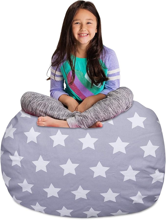Posh Creations Kids Stuffed Animal Storage Bean Bag Chair Cover - Childrens Toy Organizer, Large-38in, Canvas White Stars on Gray