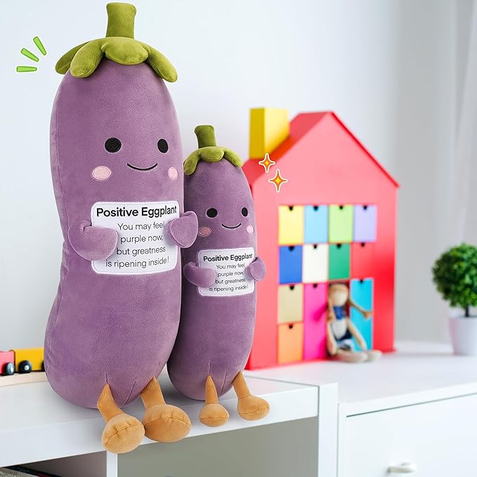 Positive Eggplant Pickle,Pickle Stuffed Animal-12.6” Plush Eggplant Stuffed Animal with Positive Words,Kawaii Plush Toys Vegetable Plushies Pillow,Birthday&Christmas Gifts for Kids Adults