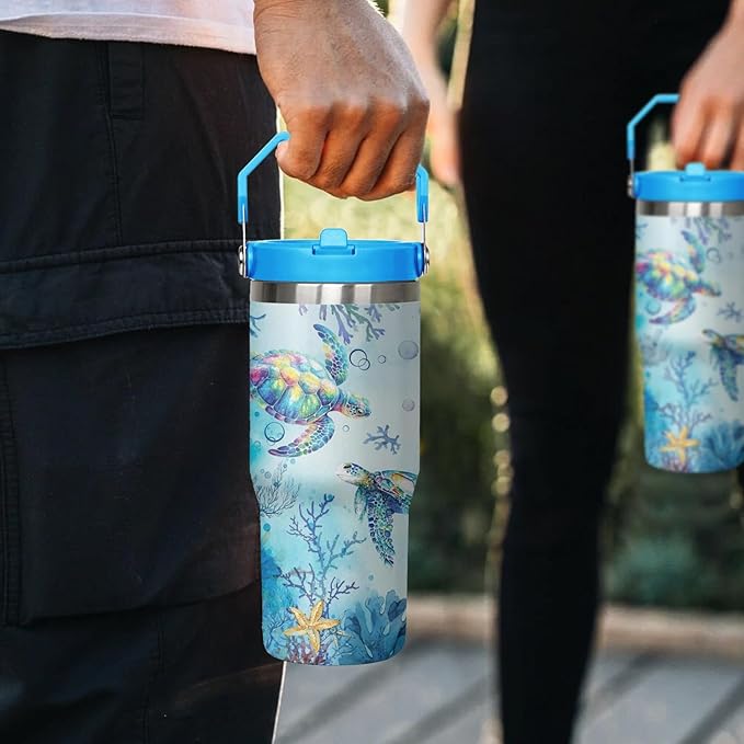 30 Oz Sea Turtle Tumbler with Handle Lid and Flip Straw,Double Wall Vacuum Stainless Steel Watercolor Ocean Turtle Cup,Water Bottle,Travel Coffee Mug,Hawaiian Sea Turtle Decor,Accessories