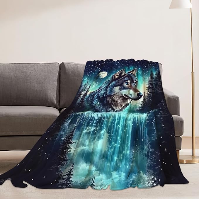 Wolf Blanket Wolves Lover Throw Blankets Waterfall Gifts for Girls Boys Kids Soft Cozy Fleece Plush for Couch Sofa Bed 50"x40"