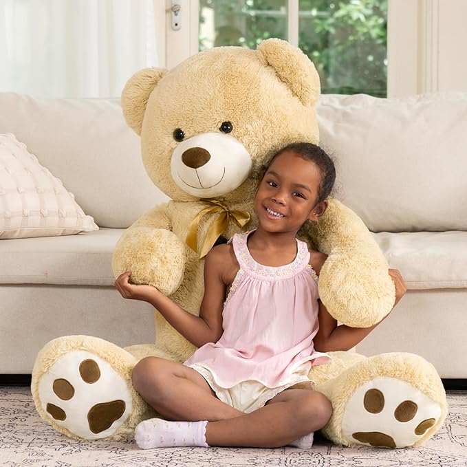 MaoGoLan Giant Teddy Bear Stuffed Animal, 52" Large Tan Teddy Bear Plush Toy with Cute Bow Tie & Footprints, Soft Sunggle Bear Plushies Gift for Kids Grilfriend Wife on Christmas Birthday Baby Shower