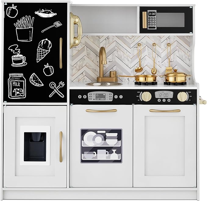 Best Choice Products Pretend Play Kitchen Wooden Toy Set for Kids w/Realistic Design, Telephone, Utensils, Oven, Microwave, Sink - White Bevel