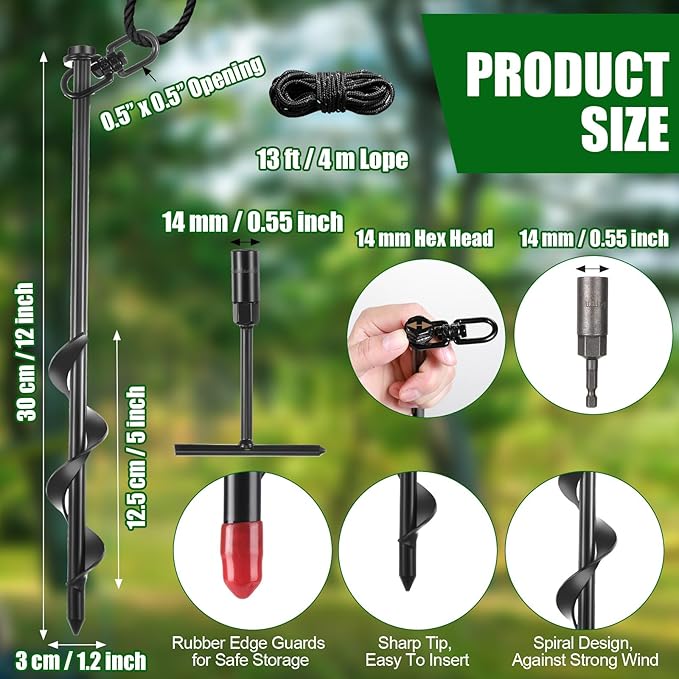 Lasnten 6 Set Tree Stake Kits Heavy Duty Tree Staking and Supports Straps Ties for Straightening Leaning Young Trees Stabilizer Metal Spiral Stakes Anchors Protects from Bad Weather (Black)