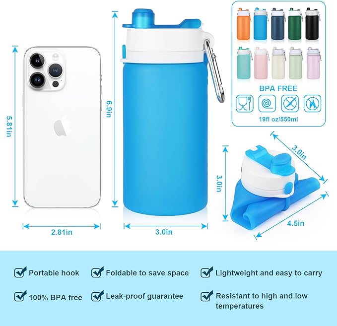 PLTCAT Collapsible Foldable BPA Free Reusable Lightweight Leak-Proof Travel Silicone Water Bottle for Travel, Gym, Hiking, Office, Camping