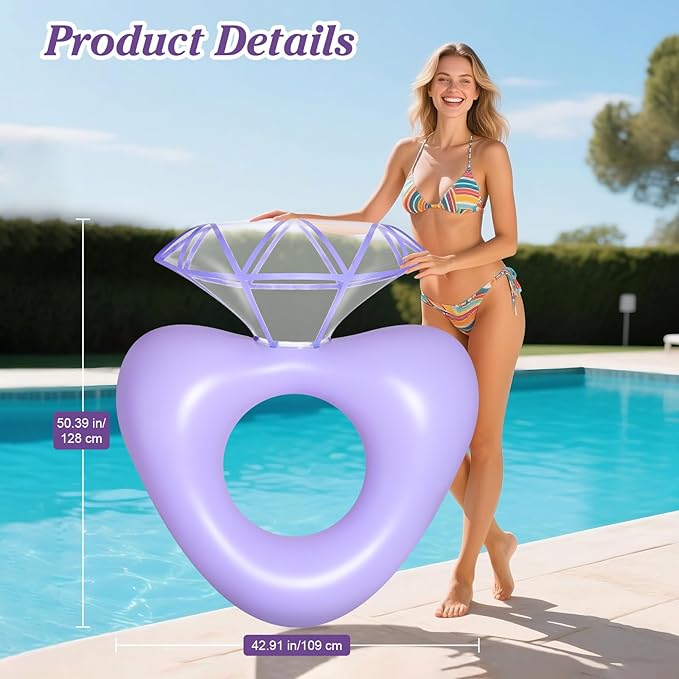 HeySplash Pool Floats, Inflatable Diamond Ring Pool Float, Large Engagement Ring Floatie for Bachelorette Party, Heart Shaped Swim Tube River Lake Beach Bride Wedding Decor Fun Toy Raft Adults, Purple