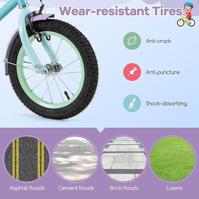 BABY JOY Colorful Macarons Kids Bike, 12 14 16 18 Inch Sporty Children's Bicycle with Training Wheels, Adjustable Handlebar & Saddle, Handbrake & Coaster Brake, Boys Girls Bike for 3-8 Years Old