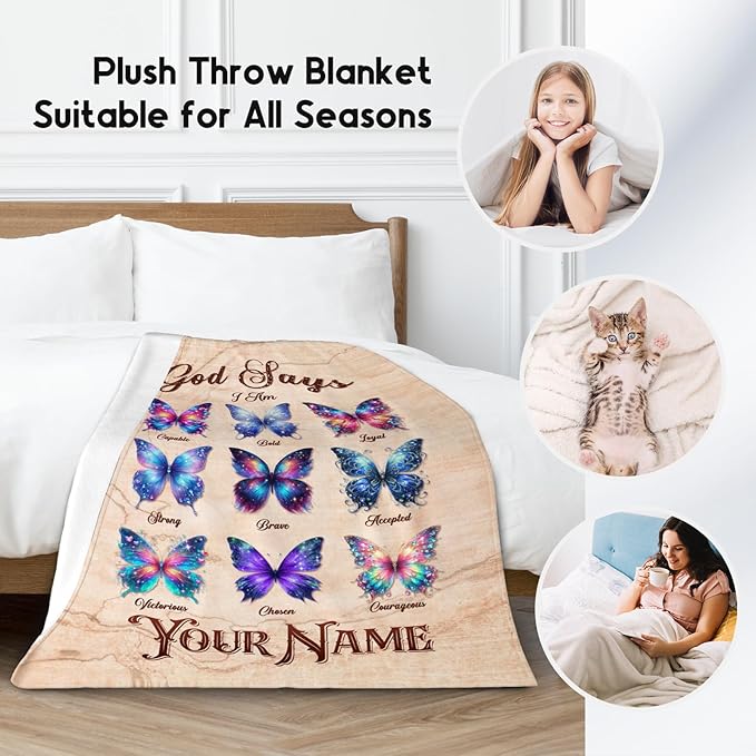 Personalized Butterfly Blanket with Name for Women, Girls & Kids - God Says I Am Fleece Fuzzy Throw for Living Room - Inspirational Gifts for Her & Daughter, 60"x80"