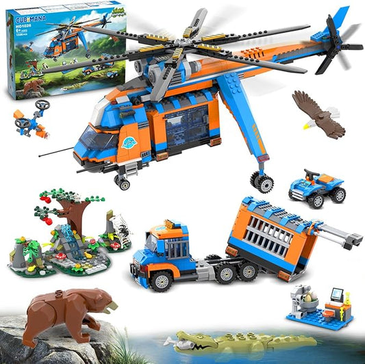 City Jungle Adventurer Helicopter Building Toys - 1356PCS Forest Truck Adventure Building Set with Car Crocodile Brown Bear Wildlife Rescue Blocks Playset Gift for Adults Kids Boys 6+ Years