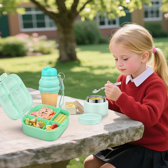 Kids Lunch Box Set -12oz Insulated Food Jar, Thermal Bag,Leakproof Lunch Food Containers Cutlery (BPA Free)-Gift for Girls/Boys Age 3-10(Green+Green Jar)