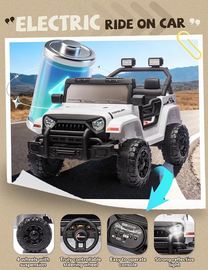 Ride on Car, 12V Kids' Electric Vehicles W/Parents Control, Ride on Toys for Toddlers with Music, Four-Wheels Suspension, USB, Headlights, White