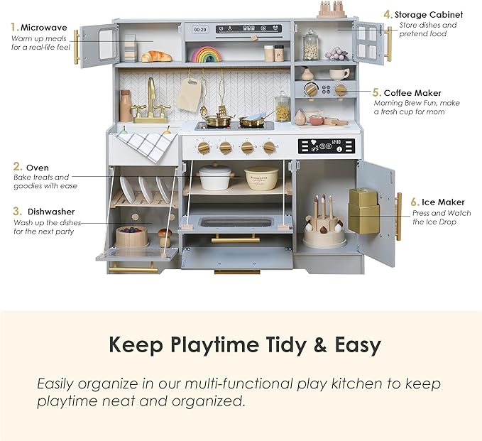 Wooden Play Kitchen for Kids – Pretend Play Kitchen Set with Realistic Stove, Sink, Coffee Maker, Ice Maker & 15 Fun Accessories, Toy Kitchen for Toddlers Ages 3+