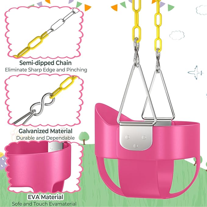 AGPTEK High Back Full Bucket Toddler Swing Seat with Yellow Coated Swing Chains and Carabiners Baby Swing Outdoor for Easy Install (Pink)