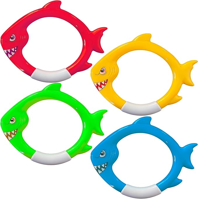 4-Pack Shark Dive Rings – Sinking Swimming Pool Toys for Kids, Toddlers, Boys & Girls | Colorful Underwater Fish Rings for Diving Pool Games, Swim Training, Beach & Bath Play