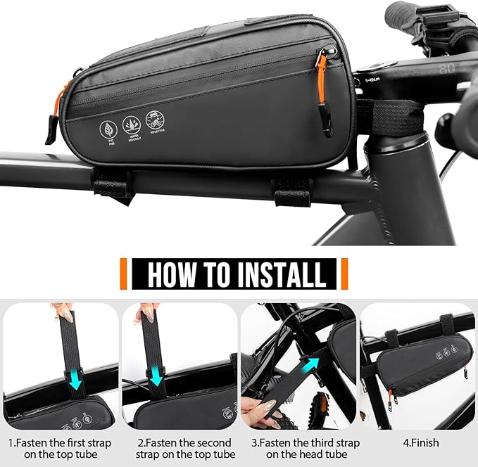 WOTOW Bike Frame Bag - 3 Ways Installation Water Resistant Reflective Bicycle Top Tube Bag with Two Side Pockets, Ebike Cycling Triangle Bag Pouch Accessories for MTB Road Travel (1.2L)