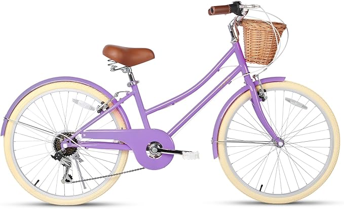 Glerc 20 24 26 Inch Beach Cruiser Bike, 6-Speed Hybrid City Bicycle for Girls Youth and Over 6 Years Old, Missy Bike with Wicker Basket & Lightweight, Multiple Colors