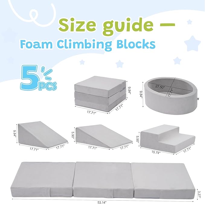 Foam Climbing Blocks with Ball Pit & Stairs for Toddlers Aged 1-3 -Soft Playset for Indoor Crawling, Foam Playground Set for Baby to Active Playing Inside -(Balls NOT Included),Grey