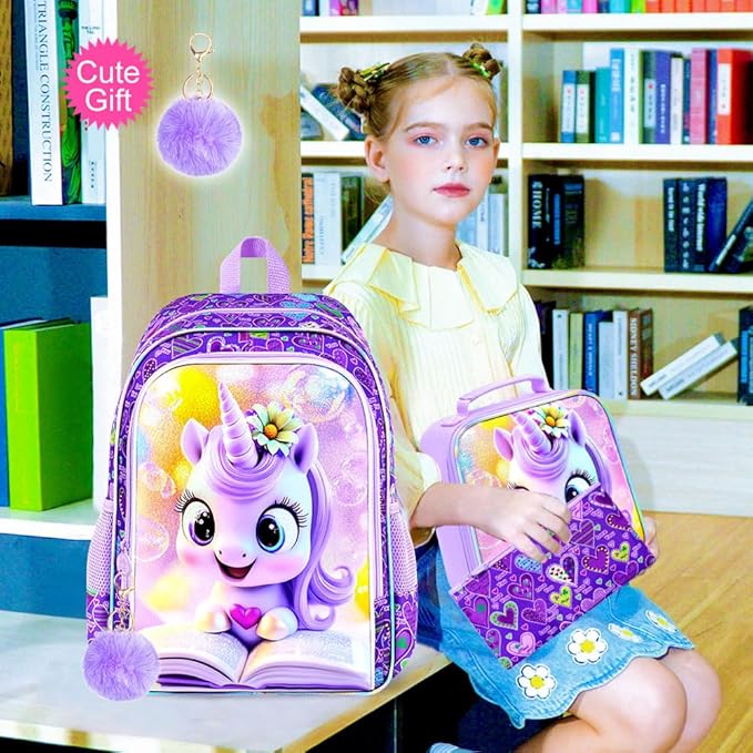 CCJPX 3Pcs Unicorn Backpack, 16” Kids Girls Bookbag with Lunch Box, Water Resistant Elementary School Bag for Kindergarten Preschool Toddler (Purple)