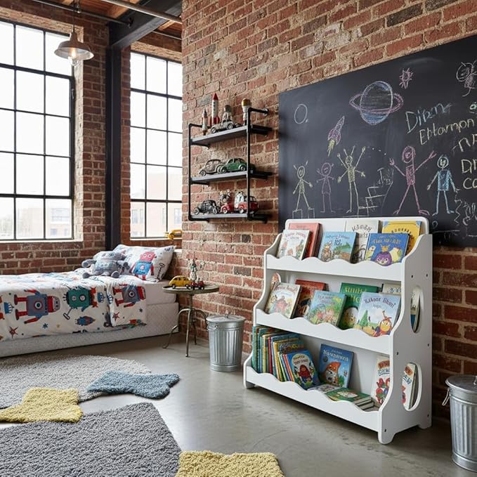 Kids Bookshelf Wooden Montessori Book Shelf Dutch Design 3Tier Scalloped,SnowfallWhite Gift