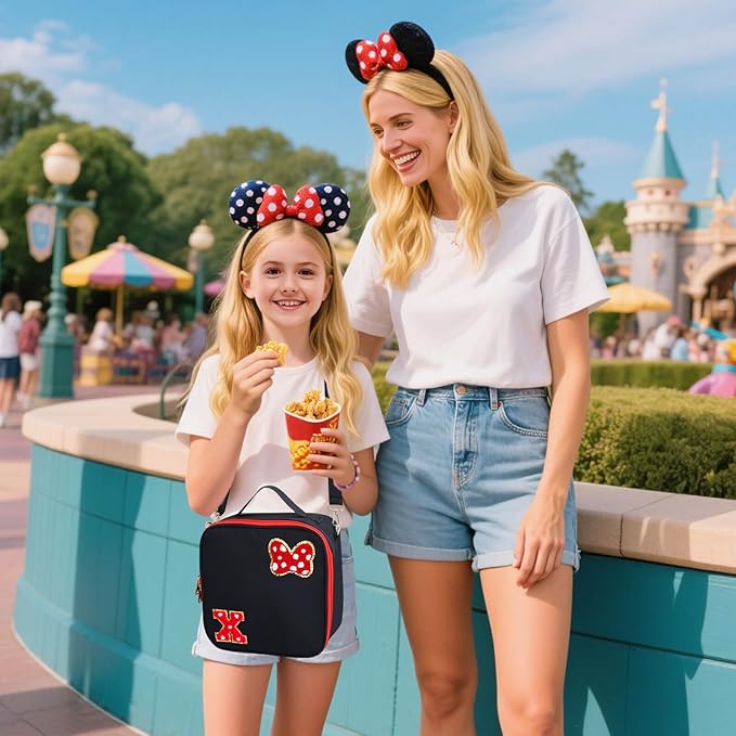 Preppy Initial Bow Mouse Lunch Bag, Kids Insulated Lunch Box Gifts for Teen Girls Daughter, Reusable Soft Lunch Containers Crossbody Cooler Bag Must Haves for Park Travel School Work Picnic Black X