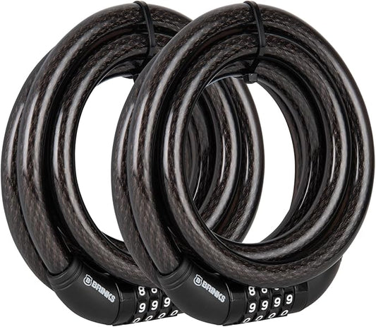 BRINKS 6 ft Outdoor Bike Lock Cable 2 Pack, Thick, Anti Theft Self-Coiling Design, Resettable 4-Dial Combination, Heavy-Duty Steel, 5/8" Weather-Resistant Vinyl Coating for Bikes