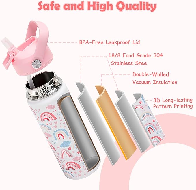 18oz Kids Insulated Water Bottle with Straw Lid - 18/8 Stainless Steel Kid Cup BPA-FREE Travel Tumbler Double Wall Vacuum Leak Proof Portable Toddler Water Bottle(Rainbow)