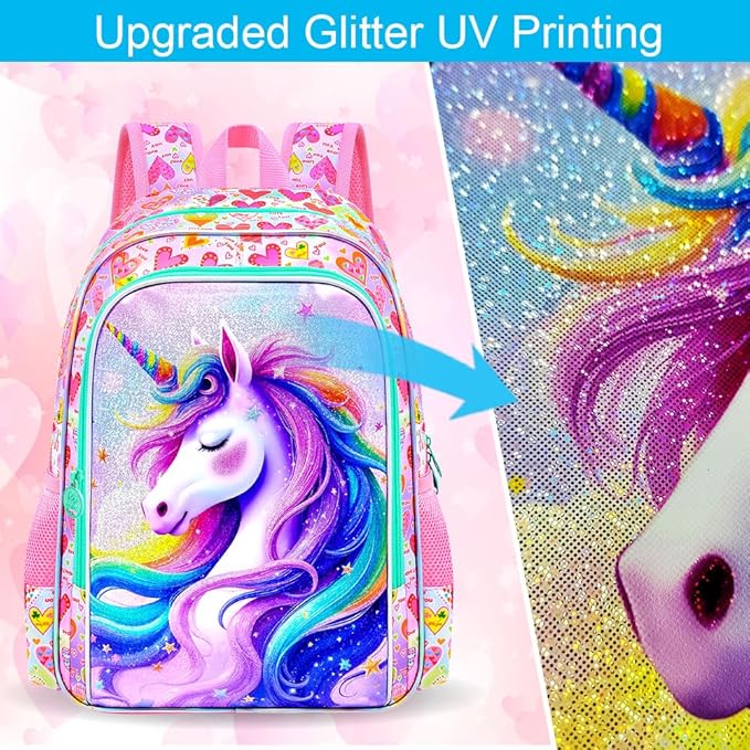 CCJPX 3Pcs Unicorn Backpack, 16” Kids Girls Bookbag with Lunch Box, Water Resistant Elementary School Bag for Kindergarten Preschool Toddler (Pink)