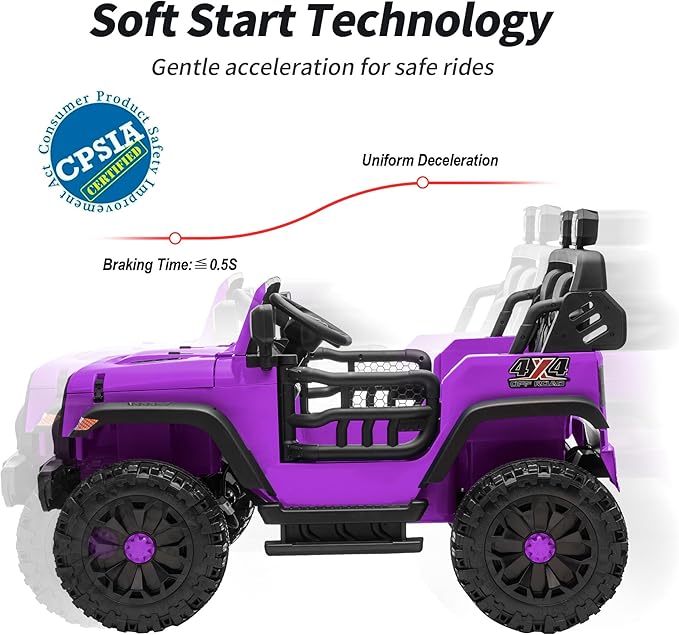 2 Seater Ride on Car Toy, 24V 4WD Electric Car for Kids 4-8 with Remote Control, 4x200W Motors, Capacity 150 lb - Purple