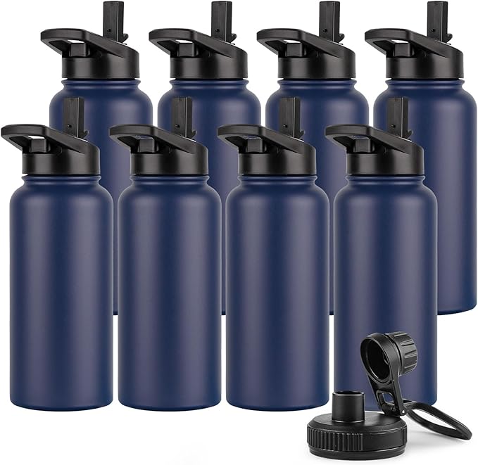 DOMICARE 32 oz Insulated Water Bottle Bulk, Vacuum Insulated Stainless Steel Sports Water Bottle with Straw Lid & Spout Lid, Leakproof, Reusable - Travel, Camping, Bike, Navy Blue (8 Pack)