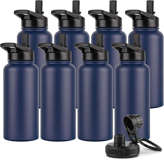 DOMICARE 32 oz Insulated Water Bottle Bulk, Vacuum Insulated Stainless Steel Sports Water Bottle with Straw Lid & Spout Lid, Leakproof, Reusable - Travel, Camping, Bike, Navy Blue (8 Pack)