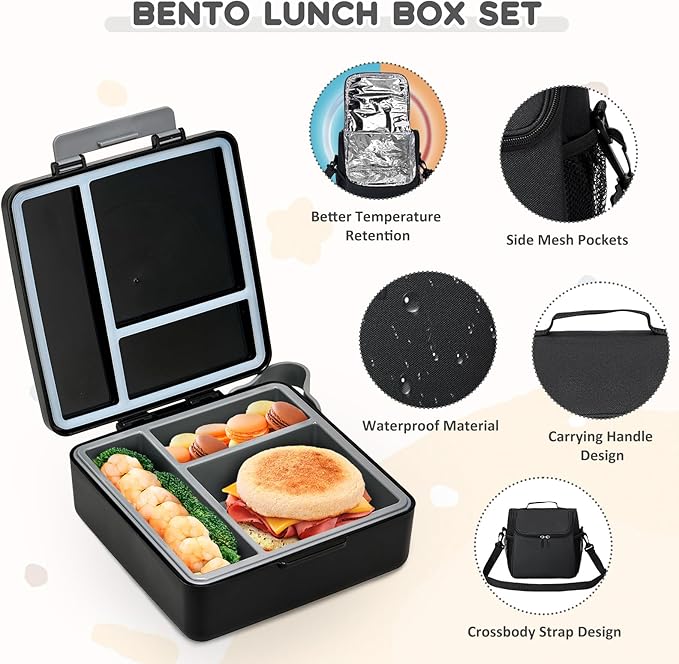 Lunch Box Set with Bento Box Container, 17OZ Stainless Steel Food Soup Thermo, Kids Water Bottle & Portable Insulated Lunch Bag – Leakproof, Hot/Cold Retention for School, Travel (Black)