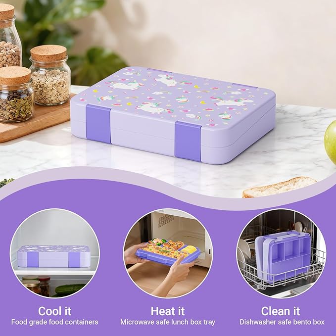 Bento Lunch Box for Kids, 4 Compartments Kids Leak Proof Back to School Bento Lunch Boxes Food Containers for School, Travel, On-the-Go Meal, Food Grade, Microwave, Dishwasher Safe