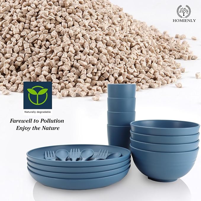 Wheat Straw Dinnerware Sets, Homienly 20pcs Unbreakable Microwave Dishwasher Safe Tableware Lightweight Bowls, Cups, Plates Set Reusable Dinner Plates Bowls set (Blue)