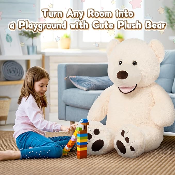 MorisMos Smile Giant Teddy Bear, 51inch Large Stuffed Bears with Big Footprints, Big Stuffed Animals Cuddly Plush Gifts for Girlfriends, Boyfriend, White