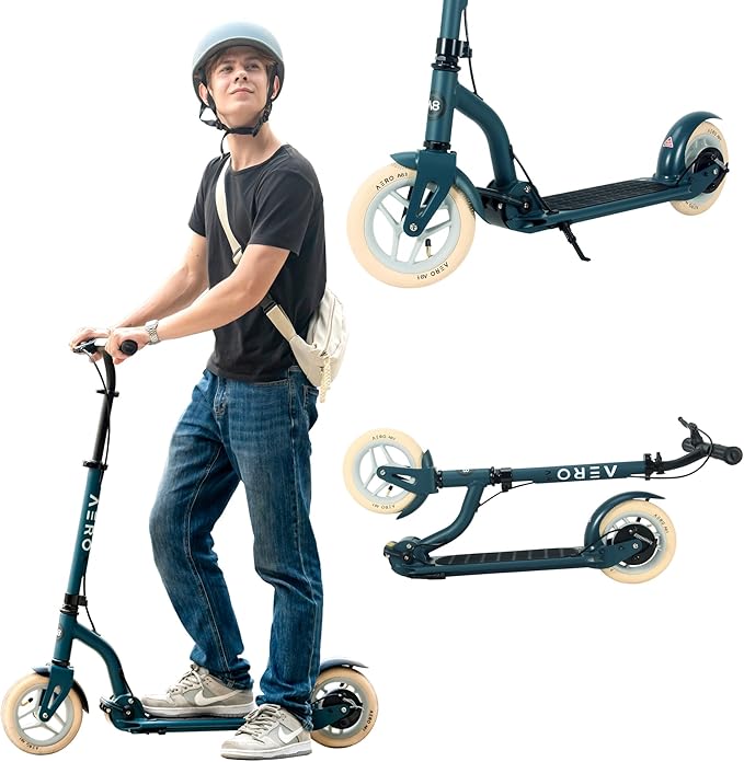 Aero Big Wheels Kick Scooter for Kids 6+, Teens & Adults | Light Up Wheels, Hand Brake, Rubber Deck Mat & Shock Absorption | Foldable & Height Adjustable