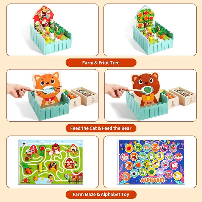 Montessori Toys for 2 3 4 5 Year Old Boys & Girls, Wooden Farm Sensory Toddler Toy,Preschool Learning Educational Activities Toys Fine Motor Skills Development, Ideal Birthday Gift Kids